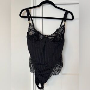 Gooseberry intimates striped eyelash lace one piece, black size medium.